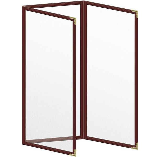 A maroon H. Risch TET deluxe sewn vinyl menu cover with gold decorative corners and a matte finish with six views.