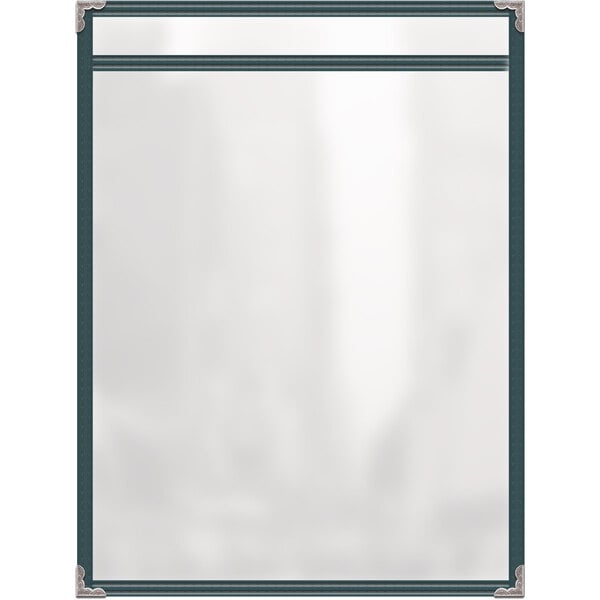 A white rectangular menu cover with silver decorative corners.