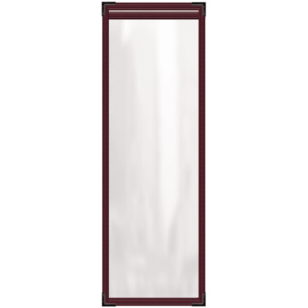 A rectangular maroon vinyl menu cover with black smooth corners and gloss finish on a white background.