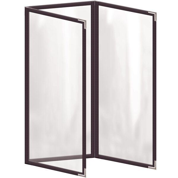 A brown rectangular menu cover with black border and silver corners.
