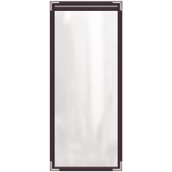 A white rectangular menu cover with black corners and a black border.