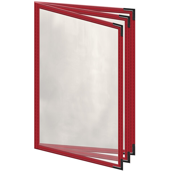 A red H. Risch, Inc. vinyl menu cover with black corners and clear plastic sheets.