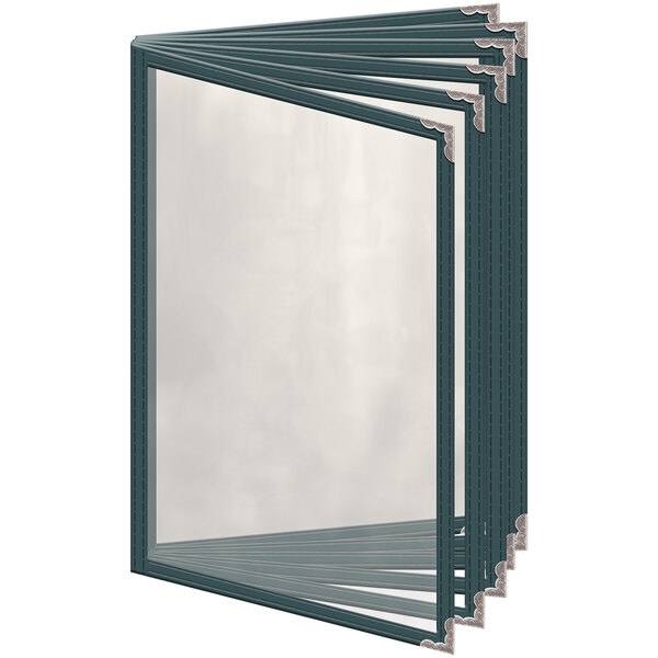 A green rectangular vinyl menu cover with silver decorative corners.