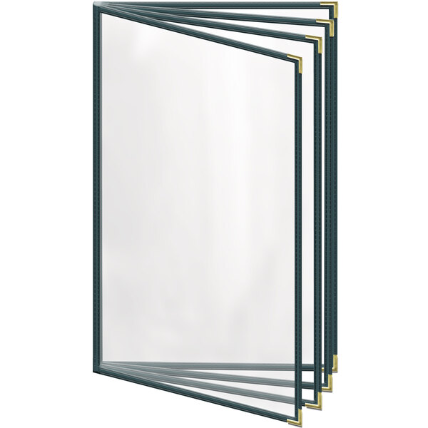A group of H. Risch, Inc. green menu covers with gold smooth corners on a white background.