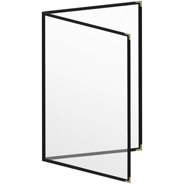 A black menu cover with gold decorative corners and a black border.