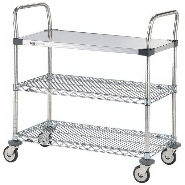 A Metro standard duty metal utility cart with three shelves and wheels.