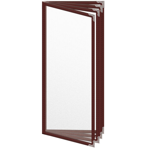 A maroon menu cover with silver decorative corners and a matte finish.