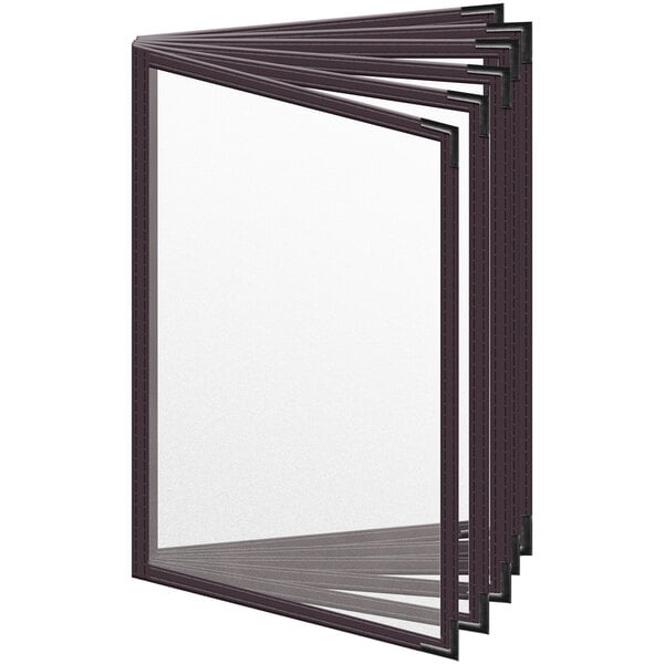 A stack of H. Risch, Inc. brown vinyl menu covers with black smooth corners on a white surface.