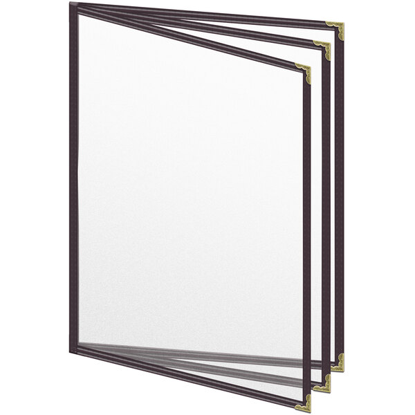 A white menu cover with gold corners and black trim.
