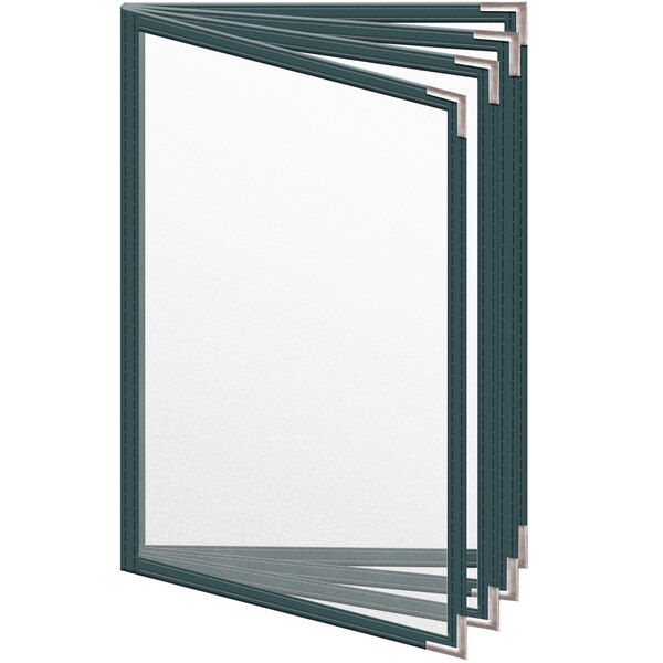 A group of H. Risch, Inc. green menu covers with silver metal corners on white paper.