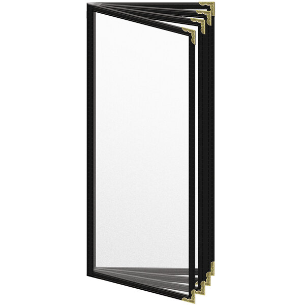 A black menu cover with gold decorative corners.