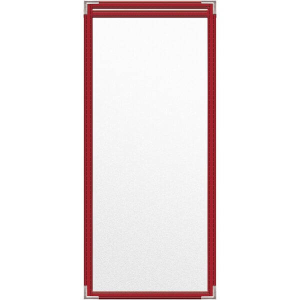 A rectangular white board with red trim.