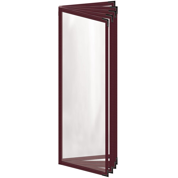 A rectangular maroon vinyl menu cover with black smooth corners and a glossy finish with white interior pages.
