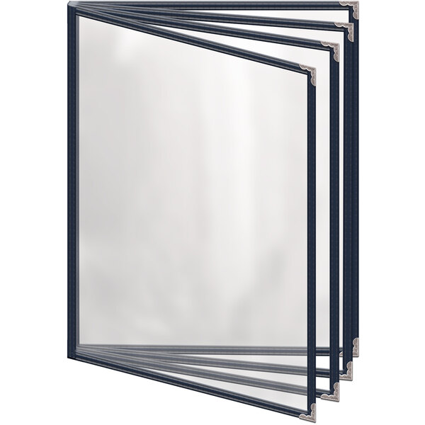 A group of H. Risch, Inc. blue menu covers with silver decorative corners and clear covers.