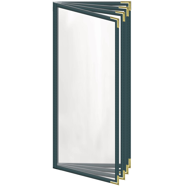 A rectangular green menu cover with gold smooth corners and a gloss finish.