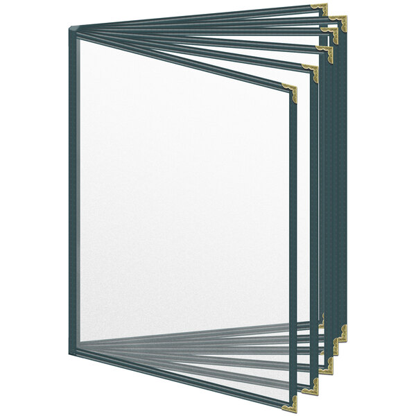 A stack of green H. Risch, Inc. menu covers with gold corners.