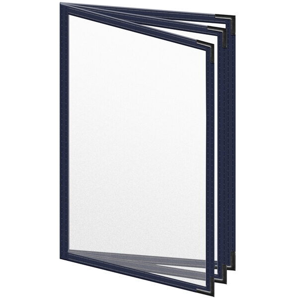 A close-up of a blue H. Risch, Inc. vinyl menu cover with black smooth corners and a matte finish with three pages open.