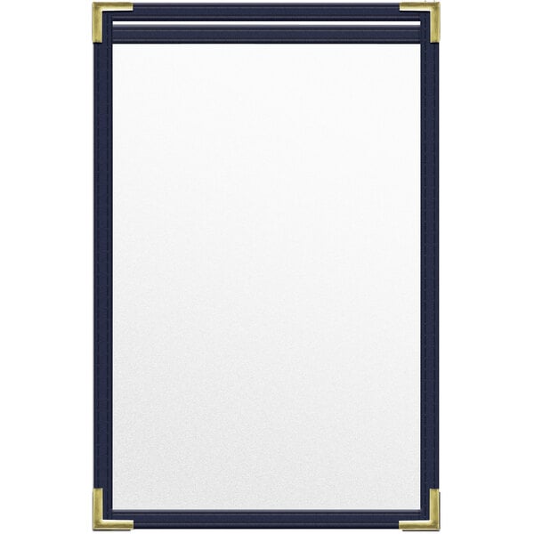 A white menu cover with gold corners and a black border.