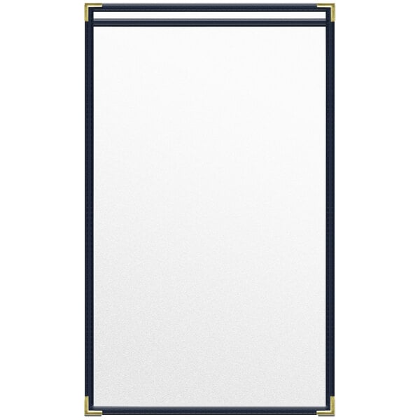 A white rectangular menu cover with gold corners and a black border.