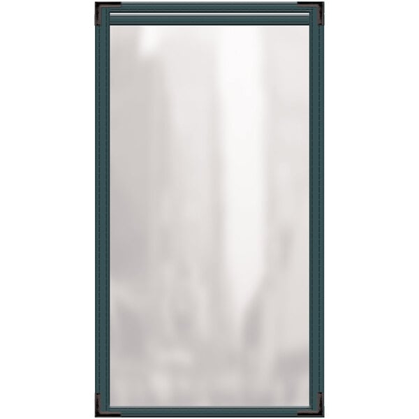 A rectangular green vinyl menu cover with black smooth corners and two clear views.