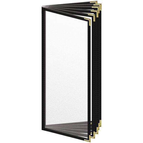 A black vinyl menu cover with gold smooth corners and matte finish with a white background.