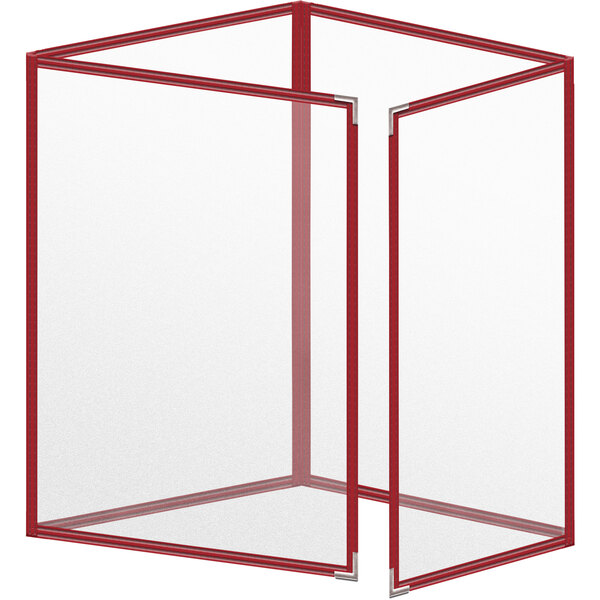 A transparent box with red trim holding a menu with silver corners.