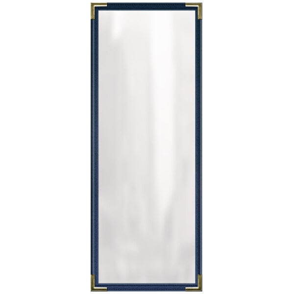 A blue rectangular menu cover with gold corners and black lines.