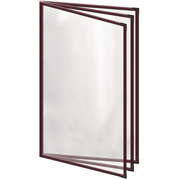 A maroon vinyl menu cover with black corners and a gloss finish.