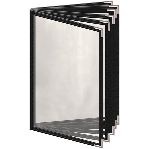 A stack of black H. Risch, Inc. menu covers with silver corners on a white background.