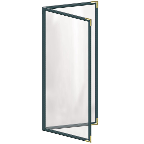 A green menu cover with gold trim.