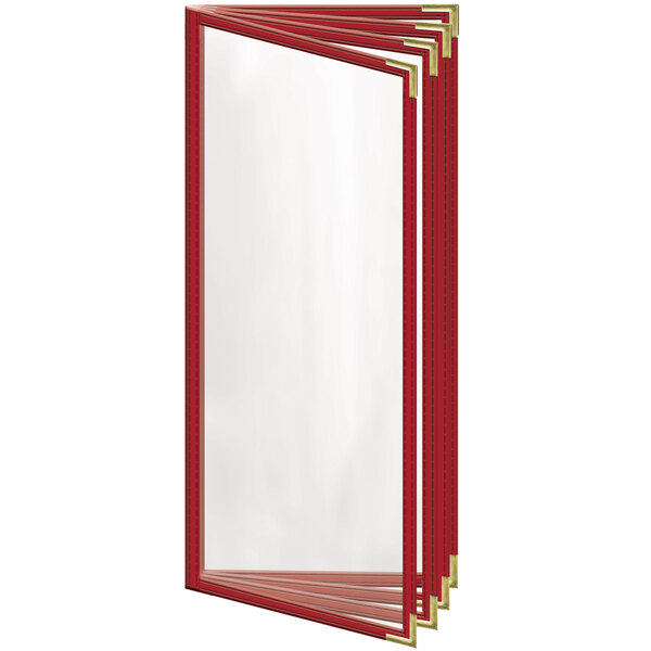 A red rectangular menu cover with gold corners and a glossy finish.