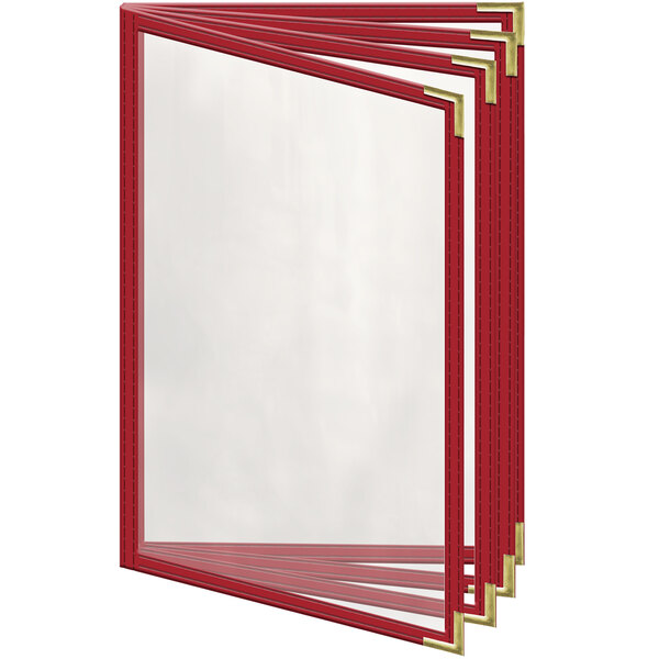 A red menu cover with gold smooth corners and trim.