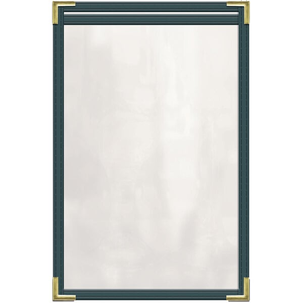 A white menu cover with green and gold corners.