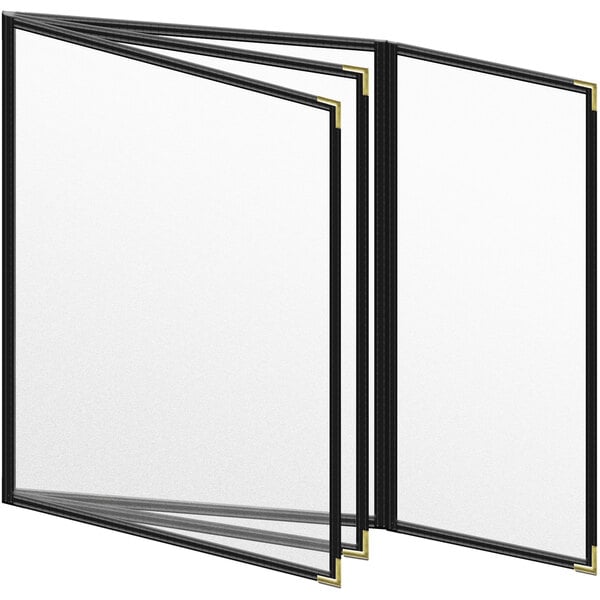 A black menu cover with white sheets and gold trim.