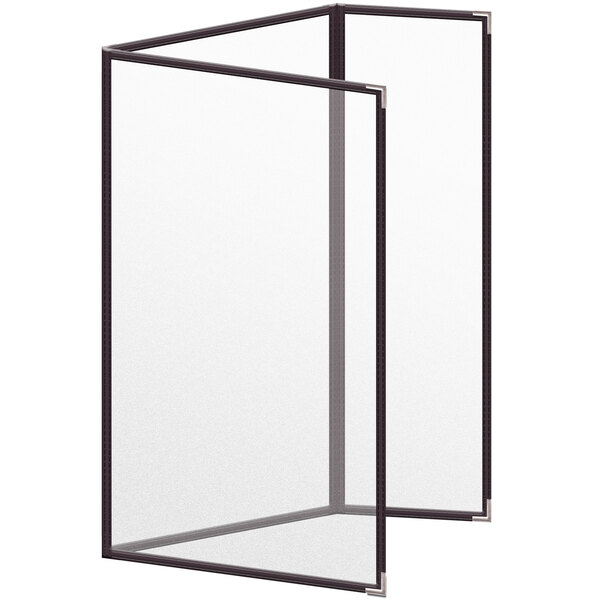 A white rectangular menu cover with black lines and corners.