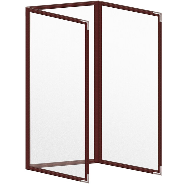 A maroon rectangular vinyl menu cover with silver corners and black trim.
