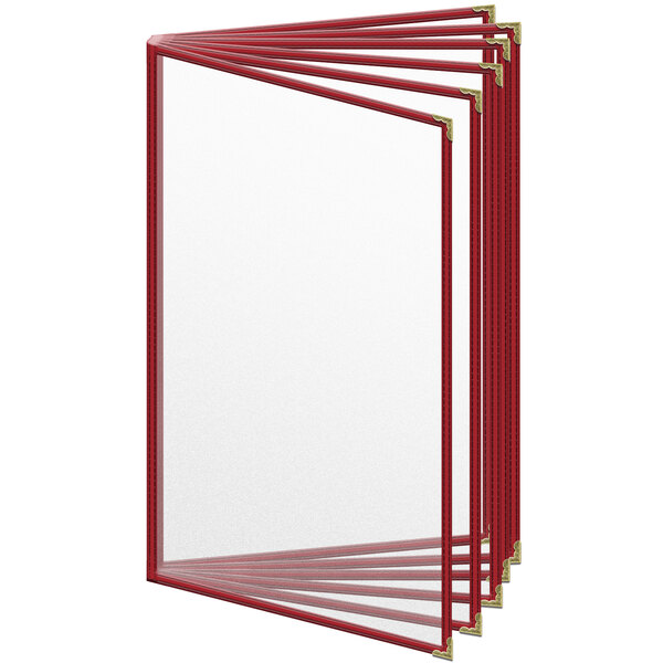 A red plastic menu cover with gold decorative corners and a matte finish with 12 glass panels.