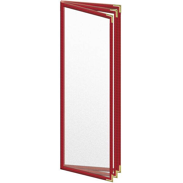 A red rectangular menu cover with a clear glass window and gold corners.