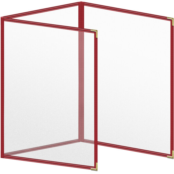 A red rectangular menu cover with clear plastic foldouts.