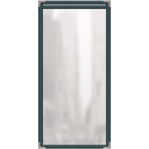 A green H. Risch, Inc. vinyl menu cover with silver decorative corners.