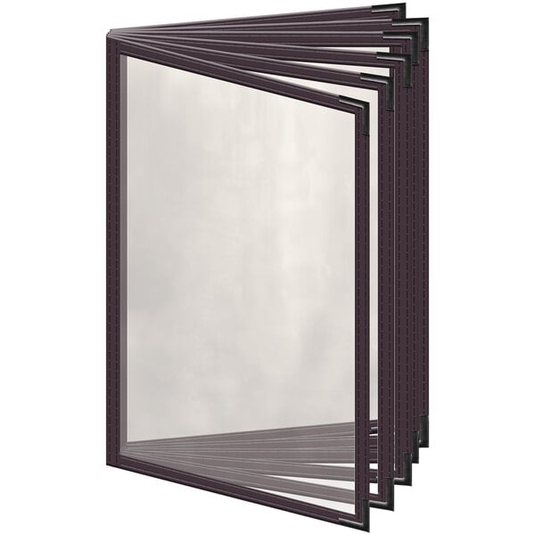 A rectangular brown menu cover with black smooth corners and 12 black plastic windows.