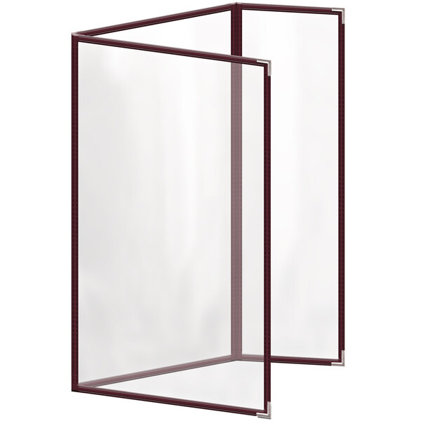 A maroon rectangular menu cover with silver corners and black lines.