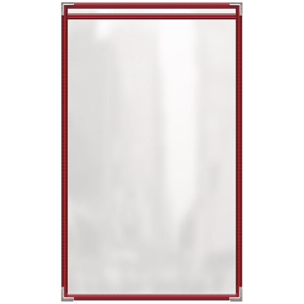 A white rectangular board with red trim and two clear vinyl menu covers.