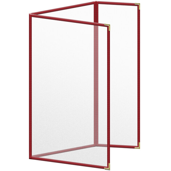 A red menu cover with gold corners.