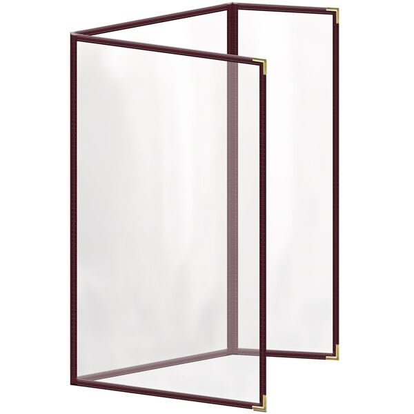 A white rectangular menu cover with a red frame and black corners.