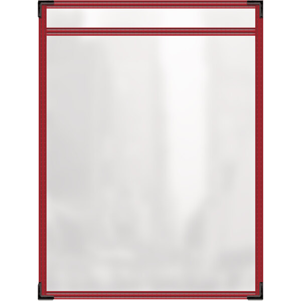 A white board with red trim and black corners holding a red menu.