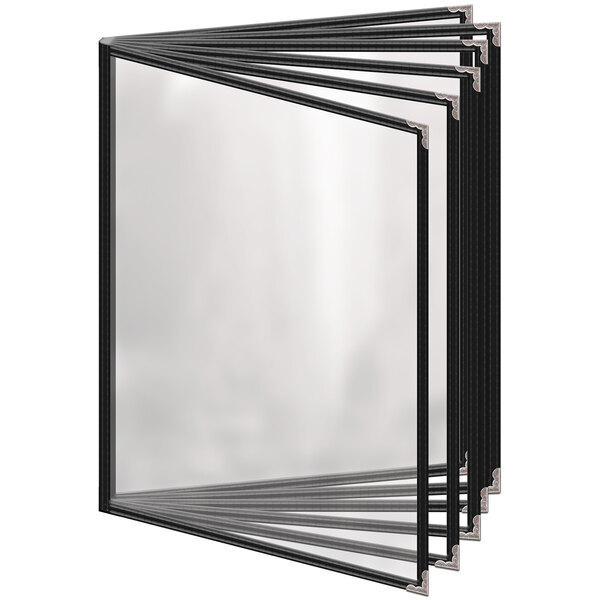 A stack of black H. Risch, Inc. menu covers with silver corners.