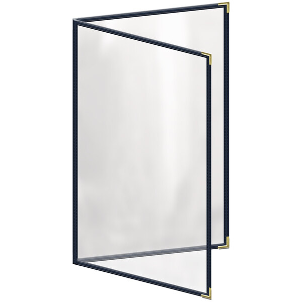 A H. Risch, Inc. blue menu cover with gold smooth corners and a glossy finish with a rectangular frame.