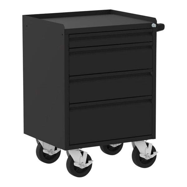 A black metal Valley Craft workbench with four drawers.