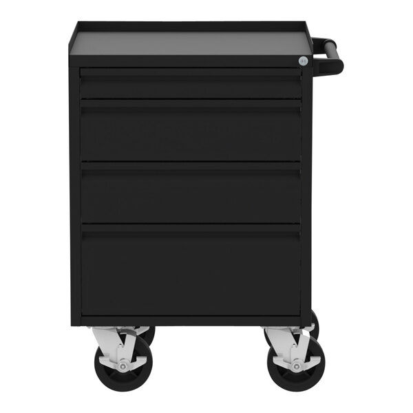 A black workbench with four drawers.